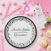 Elegant Quinceañera Black Swirls on White Papieren Bordje (Feest)