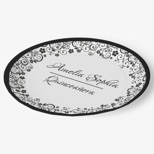 Elegant Quinceañera Black Swirls on White Papieren Bordje (Gekanteld)