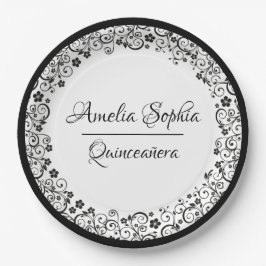Elegant Quinceañera Black Swirls on White Papieren Bordje