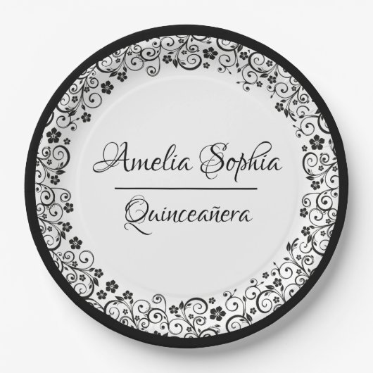 Elegant Quinceañera Black Swirls on White Papieren Bordje (Voorkant)