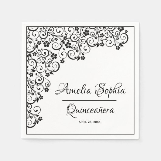 Elegant Quinceañera Black Swirls on White Servet (Voorkant)