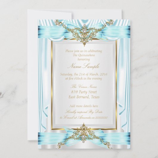 Elegant Quinceanera Blauwgroen Blue Gold Silver Wh Kaart (Achterkant)