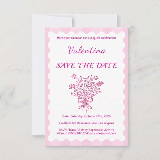 Elegant Quinceañera Bloemenboeket | Roze en wit Save The Date (Voorkant)