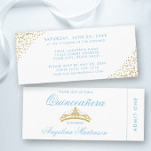 Elegant Quinceanera Blue en Gold Ticket Kaart