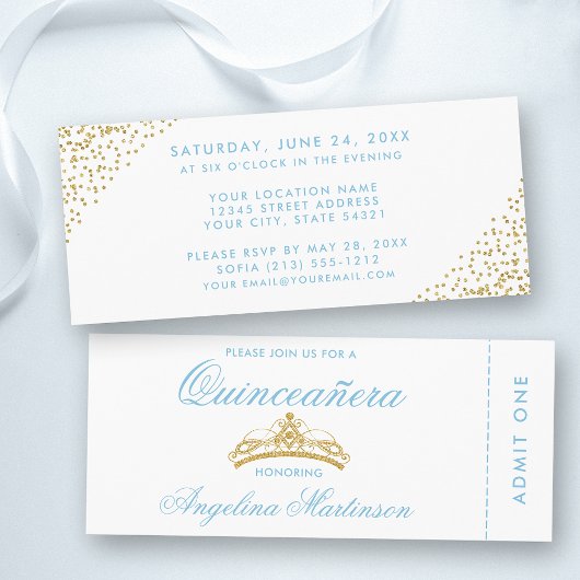 Elegant Quinceanera Blue en Gold Ticket Kaart
