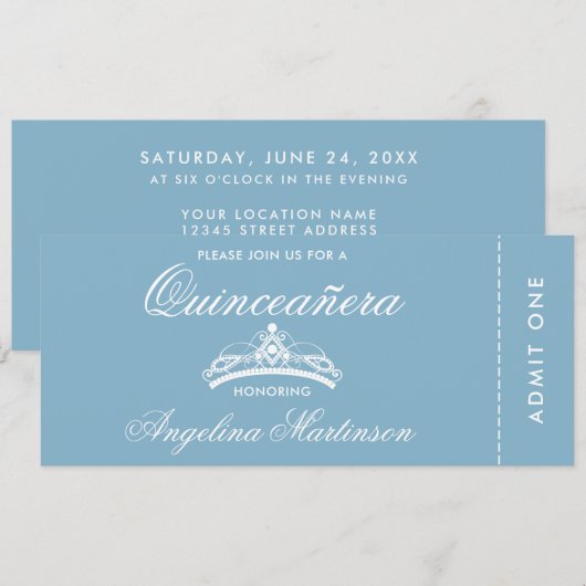 Elegant Quinceanera Blue en White Ticket Kaart (Voorkant / Achterkant)