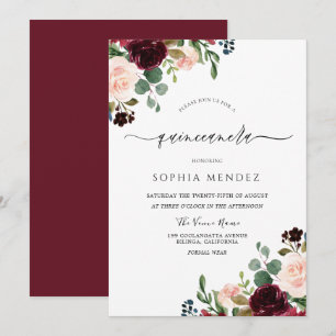 Elegant Quinceanera: Bogundy Red Wine Flowers Kaart