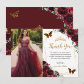 Elegant Quinceañera Burgundy Roses Floral Photo  Bedankkaart (Voorkant / Achterkant)