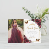 Elegant Quinceañera Burgundy Roses Floral Photo  Bedankkaart (Staand voorkant)