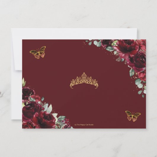 Elegant Quinceañera Burgundy Roses Floral Photo  Bedankkaart (Achterkant)