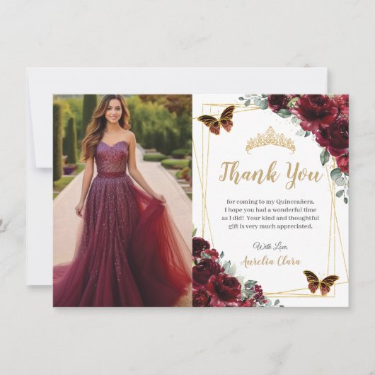 Elegant Quinceañera Burgundy Roses Floral Photo  Bedankkaart (Voorkant)