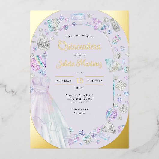 Elegant Quinceanera Diamonds Princess Dress Gold Folie Uitnodiging (Voorkant)