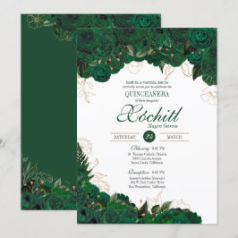 Elegant Quinceanera Emerald Green Gold Roos Floral Kaart
