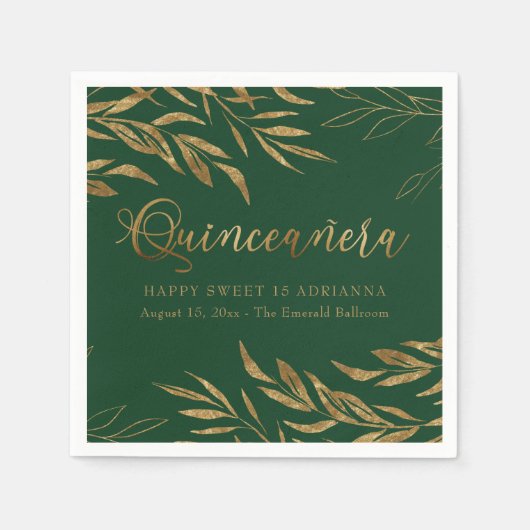 Elegant Quinceanera Emerald Groen en Goud Blad Servet (Voorkant)