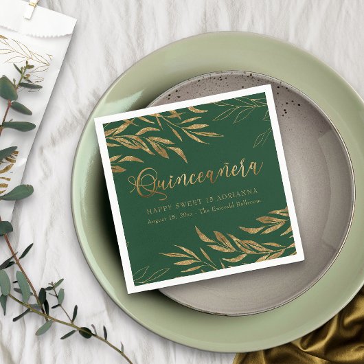 Elegant Quinceanera Emerald Groen en Goud Blad Servet