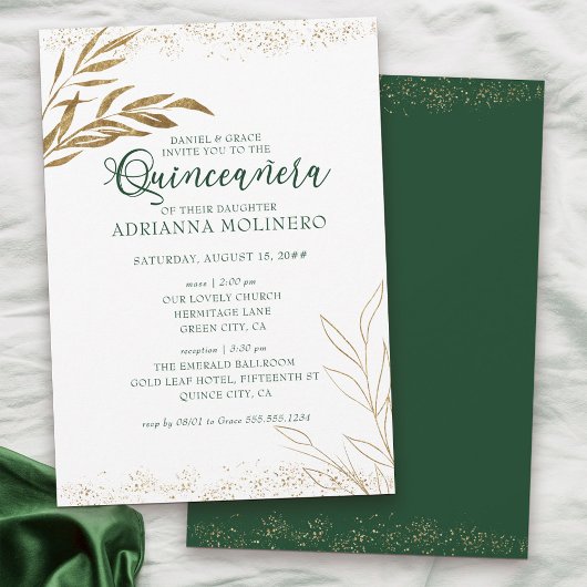 Elegant Quinceanera en Mass Green en Gold Leaf Kaart