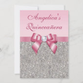 Elegant Quinceañera Faux Silver Sequins Pink Bow Kaart (Voorkant)