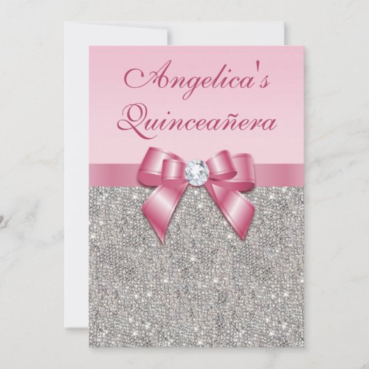 Elegant Quinceañera Faux Silver Sequins Pink Bow Kaart (Voorkant)