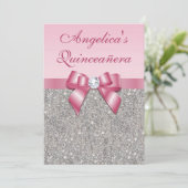 Elegant Quinceañera Faux Silver Sequins Pink Bow Kaart (Staand voorkant)