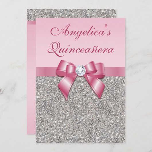 Elegant Quinceañera Faux Silver Sequins Pink Bow Kaart (Voorkant / Achterkant)