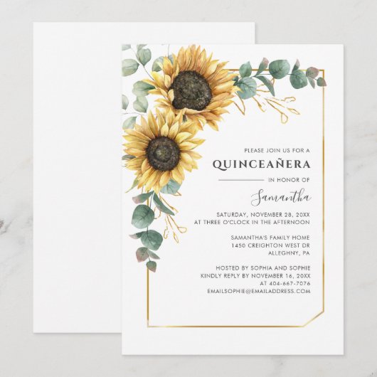 Elegant Quinceanera Floral Sunflower Eucalyptus 15 Kaart (Voorkant / Achterkant)