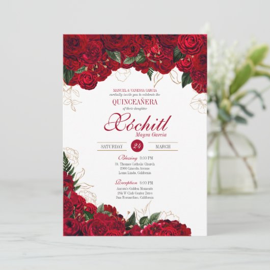 Elegant Quinceanera - Floral van rode en goudRozen Kaart (Staand voorkant)