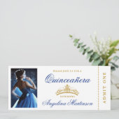 Elegant Quinceanera Foto Royal Blue Gold Ticket Kaart (Staand voorkant)