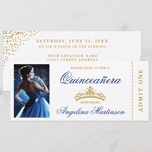 Elegant Quinceanera Foto Royal Blue Gold Ticket Kaart (Voorkant / Achterkant)