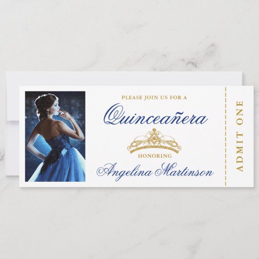 Elegant Quinceanera Foto Royal Blue Gold Ticket Kaart (Voorkant)