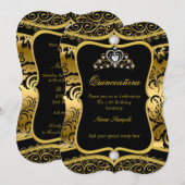 Elegant Quinceanera Gold Black Damask Tiara Invite Kaart (Voorkant / Achterkant)