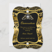 Elegant Quinceanera Gold Black Damask Tiara Invite Kaart (Voorkant)