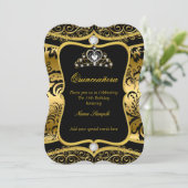 Elegant Quinceanera Gold Black Damask Tiara Invite Kaart (Staand voorkant)