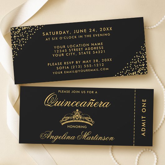 Elegant Quinceanera Gold en Black Ticket Kaart