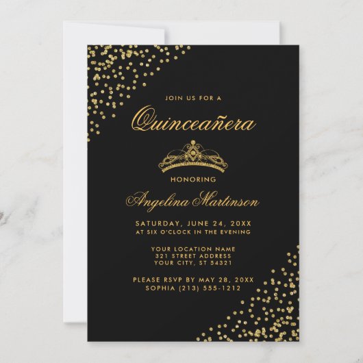 Elegant Quinceanera Gold Glitter Crown Invitation Kaart (Voorkant)