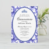 Elegant Quinceanera Invitation Blue Butterflies Kaart (Staand voorkant)