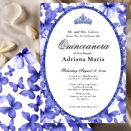 Elegant Quinceanera Invitation Blue Butterflies Kaart