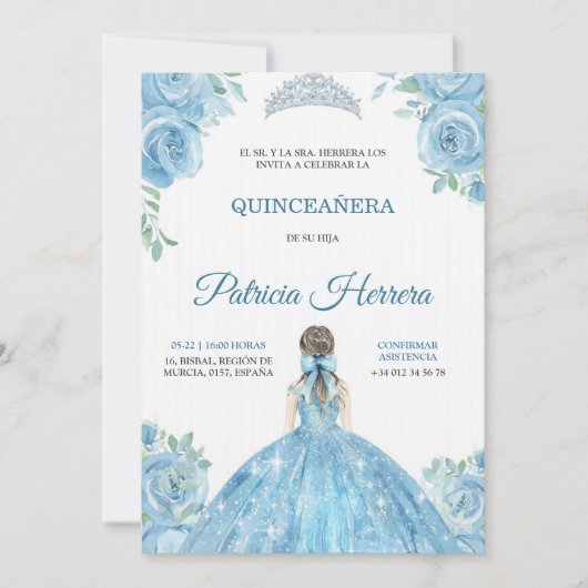 Elegant quinceanera Invitation blue floral theme Kaart (Voorkant)