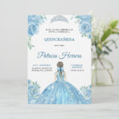 Elegant quinceanera Invitation blue floral theme Kaart (Staand voorkant)