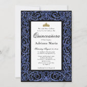Elegant Quinceanera Invitation Blue Scrollwork Kaart (Voorkant)