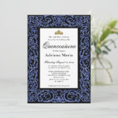 Elegant Quinceanera Invitation Blue Scrollwork Kaart (Staand voorkant)