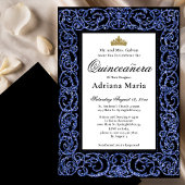 Elegant Quinceanera Invitation Blue Scrollwork Kaart