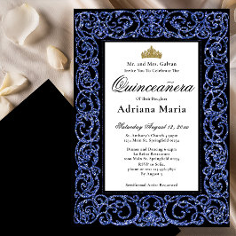 Elegant Quinceanera Invitation Blue Scrollwork Kaart