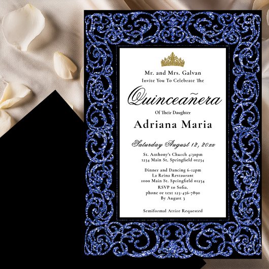 Elegant Quinceanera Invitation Blue Scrollwork Kaart