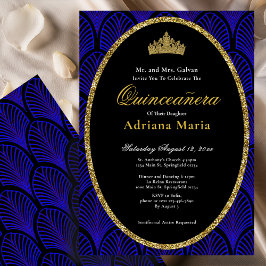 Elegant Quinceanera Invitation Gold Blue Art Deco Kaart