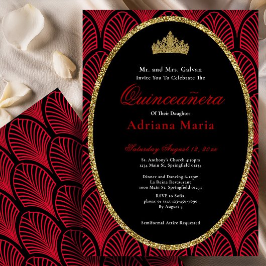 Elegant Quinceanera Invitation Gold Red Art Deco Kaart