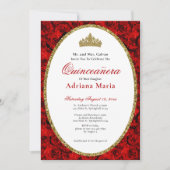 Elegant Quinceanera Invitation Gold Red Floral  Kaart (Voorkant)