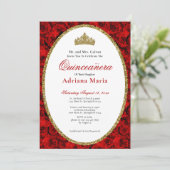 Elegant Quinceanera Invitation Gold Red Floral  Kaart (Staand voorkant)
