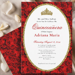 Elegant Quinceanera Invitation Gold Red Floral  Kaart