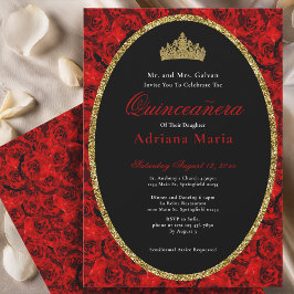 Elegant Quinceanera Invitation Gold Red Floral  Kaart