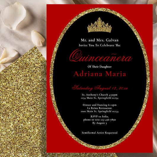 Elegant Quinceanera Invitation Gold Red Glitter Kaart